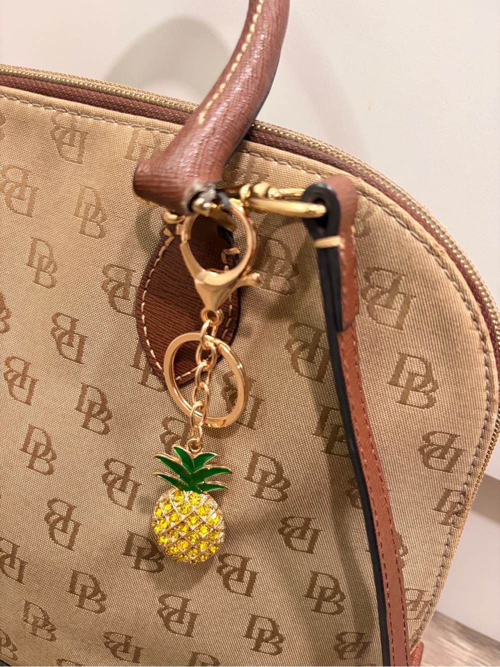 Dooney & Bourke Tan and Brown Signature Satchel with Pineapple Charm - Picture 5 of 9